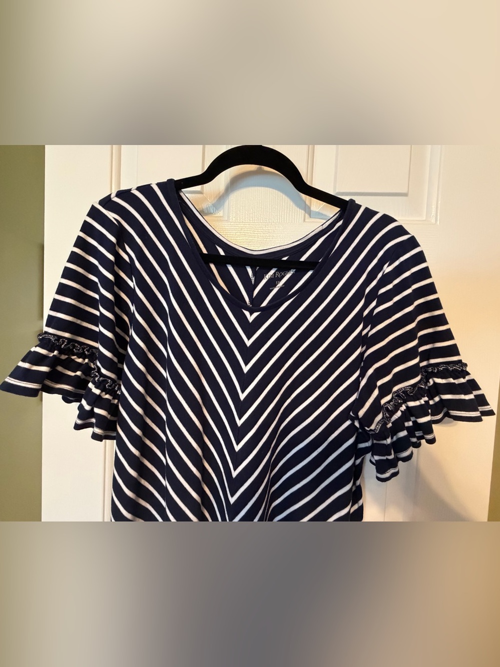 Kim Rogers Navy & White Striped V-Neck Ruffle Sleeve Midi Dress, Size 1X 💙 - Picture 6 of 10